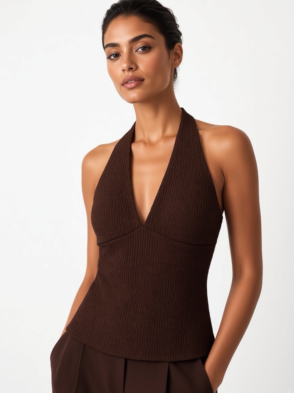 EverHeart Women’s Brown Halter V-Neck Tank Top